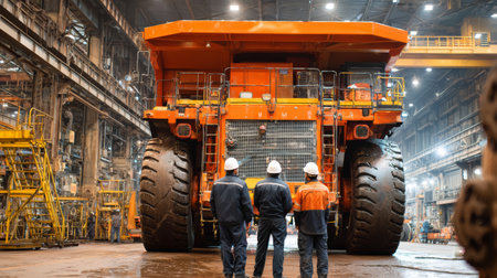Three workers safety helmet industrial uniform standing large mining truck heavy machinery factory teamwork engineering inspectionの素材