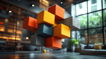 Floating geometric cubes orange yellow gray blue modern interior sunlight abstract creative playful contemporary styleの素材