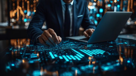 Businessman analyzing digital bar graph data on futuristic interface, technology, finance, innovation, professional, modern office, confidentの素材