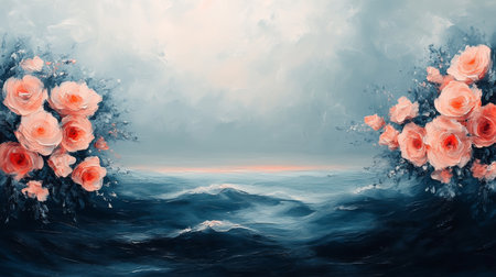 Soft watercolor strokes depict pink roses blooming on both sides of tranquil blue ocean, creating dreamy and romantic atmosphereの素材