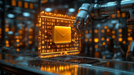 Glowing folder hologram robotic arm digital futuristic technology email cyber orange metallic glowing folder hologram held by robotic armの素材
