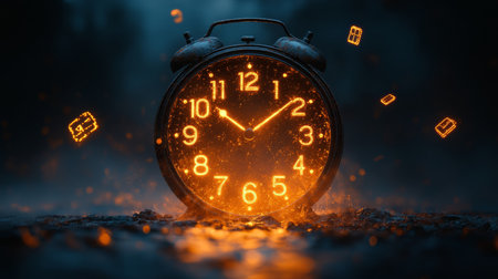 Glowing alarm clock dramatic lighting dark background floating symbols cinematic mood time concept productivity surreal atmosphereの素材