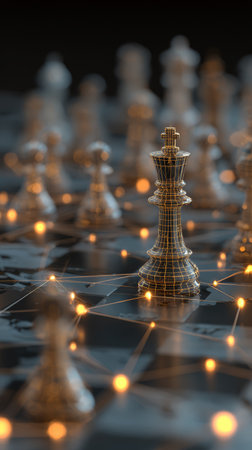Chess piece king digital network glowing connection strategy futuristic board game illuminated technology abstract intelligence competitionの素材