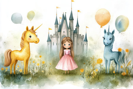 Princess unicorn castle watercolor illustration balloon flower fantasy fairytale childの素材