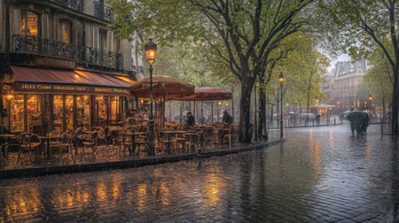 Street corner rain famous cafe outdoor seating Paris evening wet pavement cozy city trees. bustling street corner with rain falling gently famousの素材