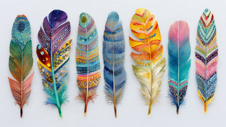 Colorful feather pattern decorative vibrant art bohemian texture isolated creative cheerful design nature collection set blue yellow orange pinkの素材