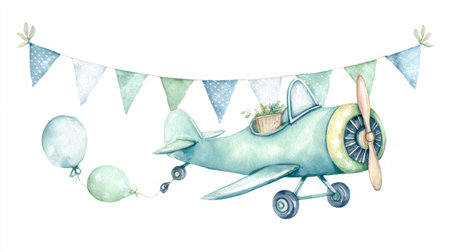 Vintage airplane, pastel blue and green, with balloons and bunting, whimsical and cheerful, watercolor illustration for childrenの素材