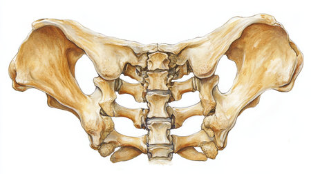Human pelvis bone anatomy illustration medical skeletal structure hip lumbar vertebrae isolated educational detailed realistic science healthcareの素材