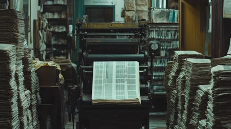 Historical printing press surrounded by stacks of newspaper, vintage machinery, nostalgic atmosphere, old print shop interiorの素材