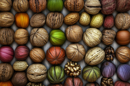 Mixed nuts colorful shells walnut hazelnut almond pecan vibrant healthy snack isolated white background create cheerful patternの素材