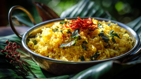 Spiced yellow rice, garnished with fried herbs and red chili, served in metal bowl on green leaves, vibrant and appetizingの素材