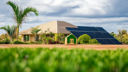 Eco friendly house with solar panel, tropical garden, sustainable energy, green lawn, modern architecture, and blue sky, peaceful atmosphereの素材