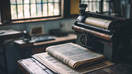 Old printing press, open newspaper, vintage workspace, natural light, creative layout, nostalgic mood, historical equipmentの素材