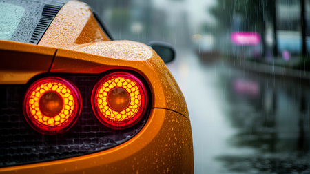 Sleek orange sports car with vibrant headlights, wet surface, rainy city street, modern design, energetic moodの素材