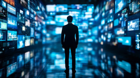 Silhouette man digital screen technology media influence culture trend modern standing in futuristic room filled with glowing screensの素材