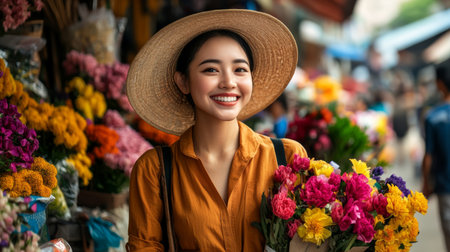 Smiling young Asian woman with healthy skin holding colorful flower bouquet at outdoor market, cheerful and vibrant atmosphereの素材