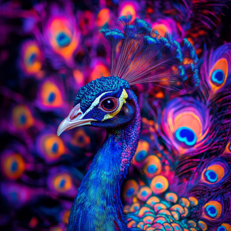 Vibrant peacock colorful feather exotic bird iridescent plumage majestic wildlife nature tropical elegant proudの素材