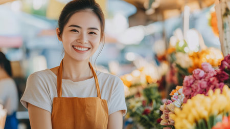 Smiling young Asian woman wearing apron standing at outdoor flower market, surrounded by colorful fresh flowers, cheerful atmosphereの素材