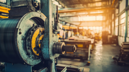 Industrial machine in sunlit factory workshop, metal equipment and machinery, manufacturing environment, warm atmosphereの素材