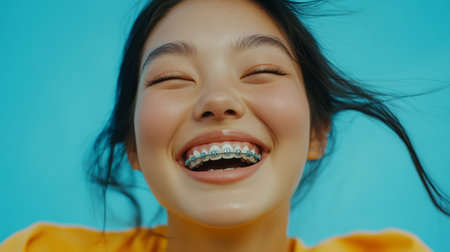 Radiant young Asian woman with braces smiling joyfully, close up against blue background, happiness and confidenceの素材