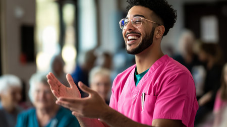 Young professional geriatric doctor in pink scrubs smiling and clapping, cheerful atmosphere in healthcare facilityの素材