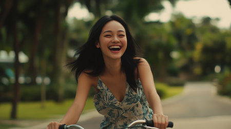 Young Asian woman with flawless skin laughing joyfully while riding bicycle outdoors, summer dress, natural backgroundの素材