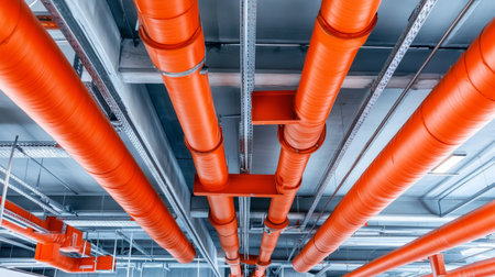 Industrial ceiling with exposed orange pipes and ductwork, modern construction, clean, geometric, functional, urban styleの素材