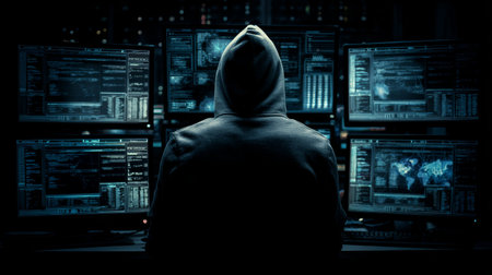 Hacker cybersecurity dark room multiple monitors hoodie digital crime data breach night technology threat focused mysterious cyber attack computerの素材