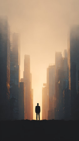 Silhouette city sunrise urban skyscraper mist solitude architecture dramatic morning light. lone figure stands misty cityscape sunrise evokingの素材