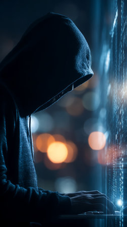Hooded person dark silhouette typing computer cyber security night cityの素材