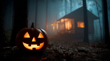 Pumpkin forest cabin night Halloween glowing spooky autumn misty celebration glowing pumpkin with carved face sits forest floor near misty cabinの素材