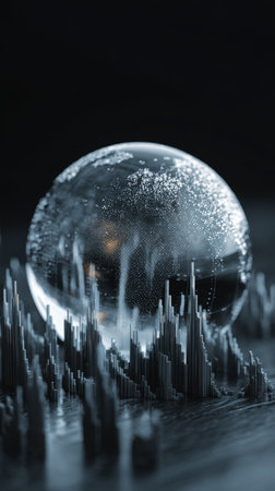 Futuristic glass globe with digital cityscape, glowing dots, dark background, modern technology, innovation, abstract conceptの素材