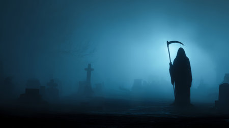 Grim reaper silhouette cemetery foggy night scythe mysterious dark spooky death horror blue light eerie atmosphereの素材