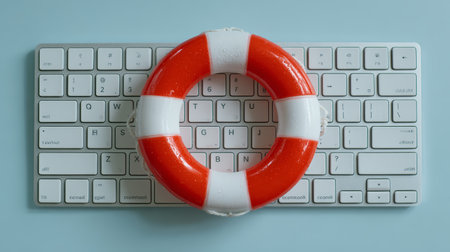 Computer keyboard lifebuoy technology safety rescue help support office workplace emergency concept blue background Computer keyboard lifebuoyの素材