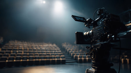 Professional video camera empty theater stage spotlight film production cinematic auditorium equipment technology dramaticの素材