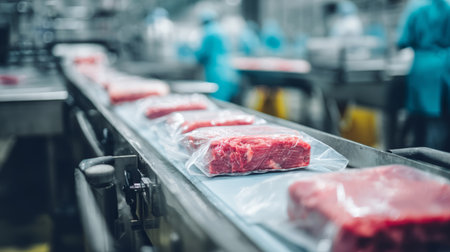 Packaged beef meat processing factory production line food industry hygiene workers blue uniform modern facility safetyの素材