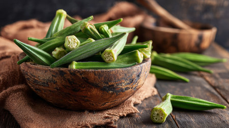 Fresh okra green vegetable wooden bowl rustic table healthy food organic produce natural light closeup raw farm to tableの素材
