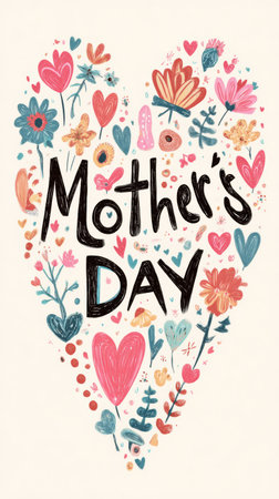 Mother Day heart flower love greeting card colorful hand drawn celebration cheerful designの素材