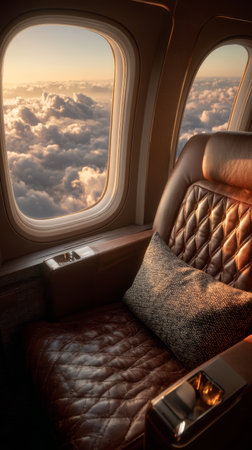 Luxurious leather seat, airplane window, sunset sky, soft pillow, elegant travel, peaceful atmosphere, premium comfortの素材