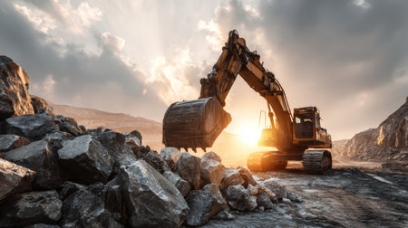 Excavator construction rock machinery heavy equipment quarry industrial digging dramatic sunset light enhances rugged landscapeの素材