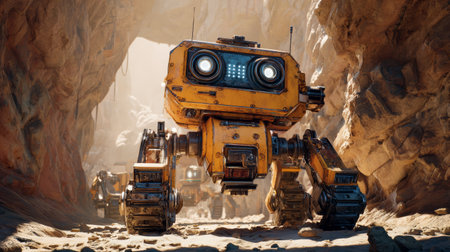 Yellow robot mechanical desert rocky canyon adventure exploration futuristic technology machine sunlight curiosity determinationの素材