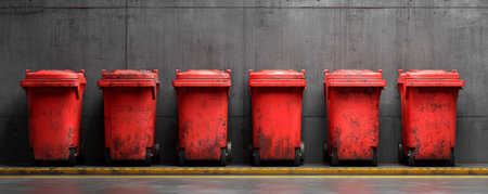 Six red garbage bin, grungy industrial wall, urban waste management, recycling, cleanliness, organized, moody atmosphereの素材