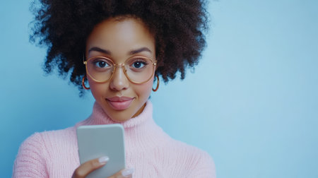 Young woman with curly hair and glasses holding smartphone, wearing pink sweater, smiling, blue background, cheerful moodの素材