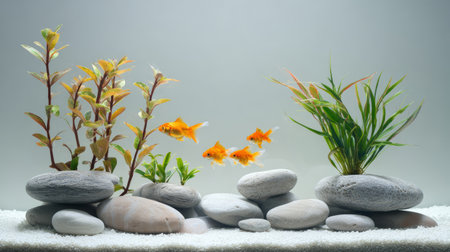 Goldfish swimming among smooth stones and green aquatic plants in clear aquarium, peaceful and natural underwater sceneの素材