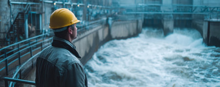 Industrial water treatment plant worker helmet safety inspection engineering facility Industrial water treatment plant worker wearing helmetの素材