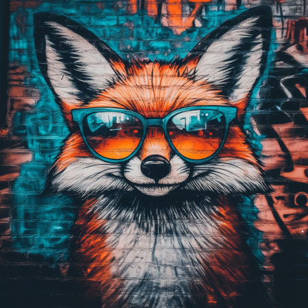 Whimsical fox wearing neon glasses, vibrant graffiti wall, urban street art, playful, colorful, creative, animal portraitの素材