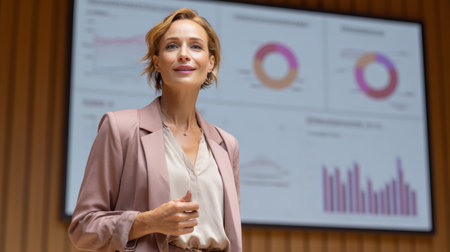 Confident businesswoman, professional attire, standing in modern office, presenting data charts, smiling, leadership, corporate environmentの素材