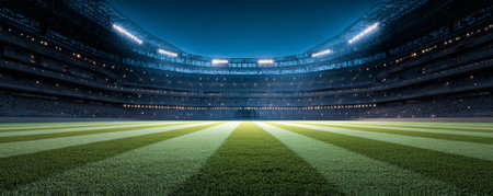 Wide green grass field illuminated stadium empty seat night modern architecture sports arena competition anticipation dramatic atmosphereの素材