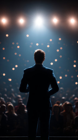 Man stage spotlight audience suit speech confident public speaking event performanceの素材