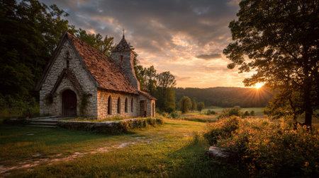 Old stone chapel rustic building countryside sunset dramatic sky tranquil rural landscape summer peaceful natureの素材